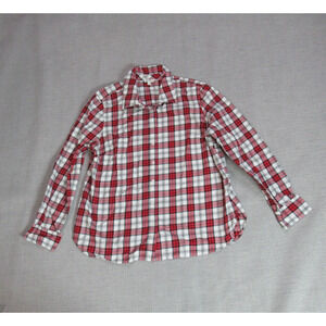 Talbots Top Womens Size L Red White Black Silver Plaid Button Up Shirt Cabincore